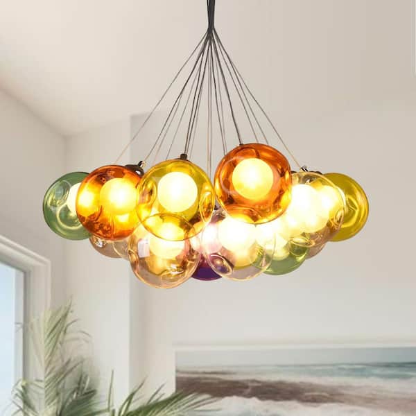 Y'INSP 19 Light Chrome Modern Bubble Cluster Globes Chandelier for Bedroom, Colorful Dimpled Blown Glass Hanging Ceiling Light
