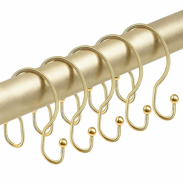 Gold Double Hook Shower Curtain Rings Set of 12, Smooth Glide Rust-Resistant Metal Hooks for Bathroom