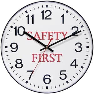 Safety First 12" Round Business Wall Clock - Black Plastic Case with Shatter-Resistant Lens