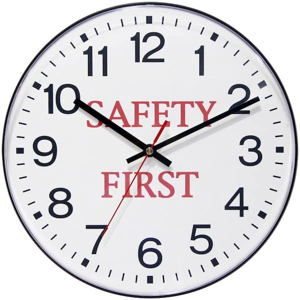 Infinity Instruments Safety First 12" Round Business Wall Clock - Black Plastic Case with Shatter-Resistant Lens