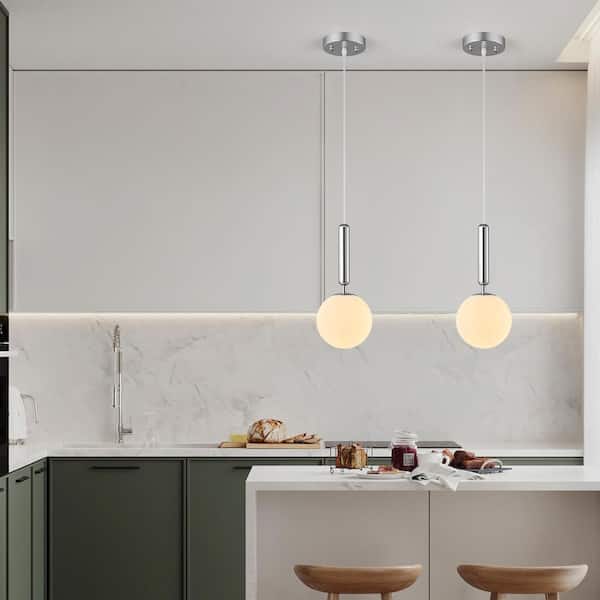 Home Lighting 40W 1-Light Mid Century Chrome Retro Pendant Light with Globe Milky White Glass for Bedroom, 1 Pack