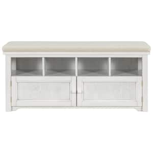 18.9 in. H x 42 in. W White Wood Shoe Storage Bench Entryway Storage Bench with Linen Upholstered Top Cushion