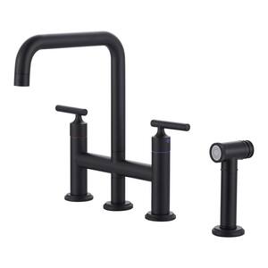 Double Handle Brass Bridge Kitchen Faucet, Deck Mount Kitchen Sink Faucet with Side Sprayer in Matte Black