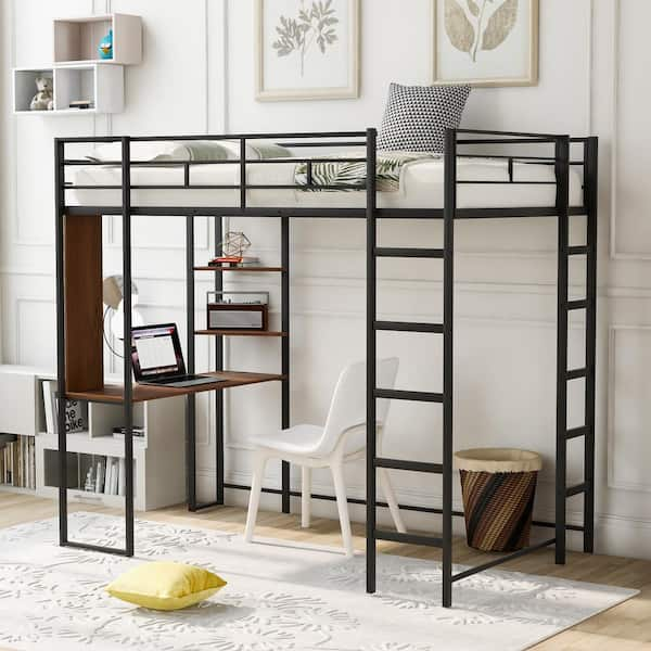 Harper & Bright Designs Black Twin Size Metal Loft Bed with Brown Built ...