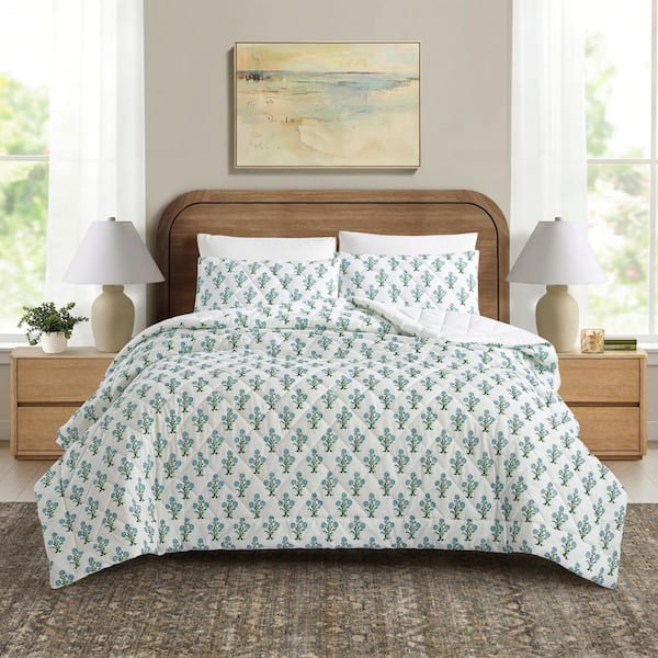 Paradise Stamp 3-Piece Blue/White Floral Botanical Cotton King Quilt Set