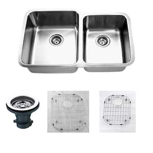 Oceanus Undermount 16-Gauge Stainless Steel 31.88 in. 55/45 Double Bowl Kitchen Sink with Grid and Strainer