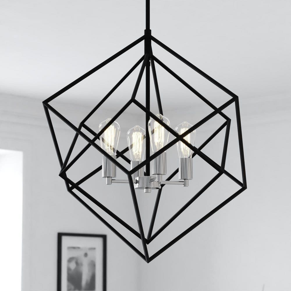 Contemporary 23.5" Satin Nickel & Black Geometric Pendant Light