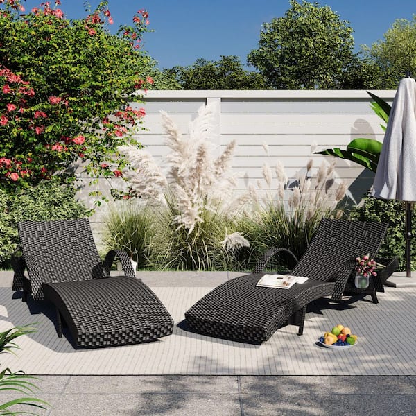 Unbranded Black 2-Piece Wicker Outdoor Chaise Lounge, Rattan Reclining Chair with Pull-out Side Table and Adjustable Backrest