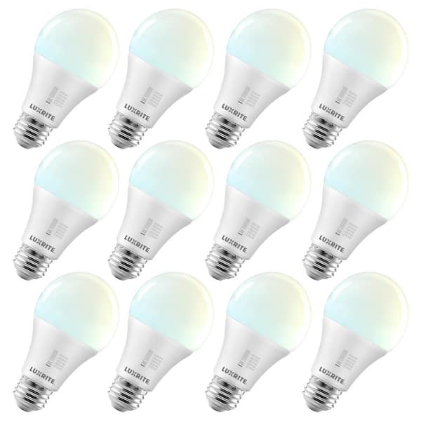 LUXRITE 100-Watt A19 Dimmable E26 LED Light Bulb Equivalent, CRI90, 5CCT Selectable 2700K - 5000K 1600 Lumens, 15-Watt (12-Pack)