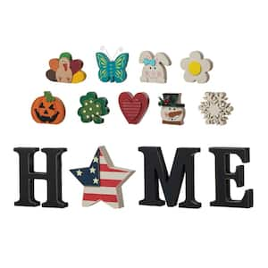 5 in. H Wooden Interchangeable HOME Tabletop Patriotic Sign with Seasonal Icons (13-Pieces)