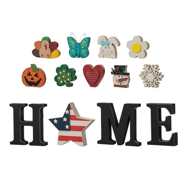 Glitzhome 5 in. H Wooden Interchangeable HOME Tabletop Patriotic Sign with Seasonal Icons (13-Pieces)
