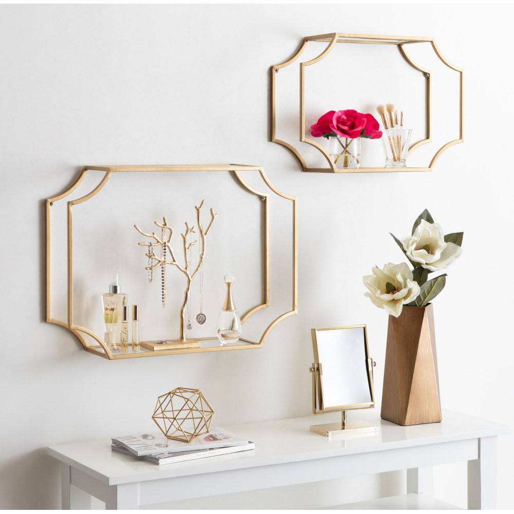 Gold Metal and Glass Floating Wall Shelf Set