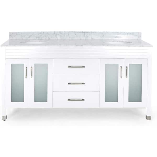 EPOWP 73 in. W. x 22 in. D x 40 in. H Double Sink Freestanding Bath Vanity in White with White Marble Top and Storage Cabinet