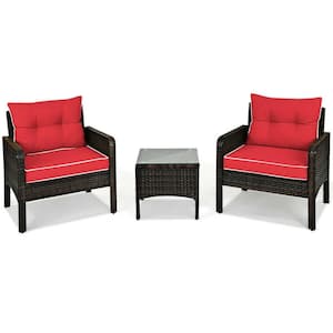 3-Piece Wicker Patio Conversation Set with Red Cushions