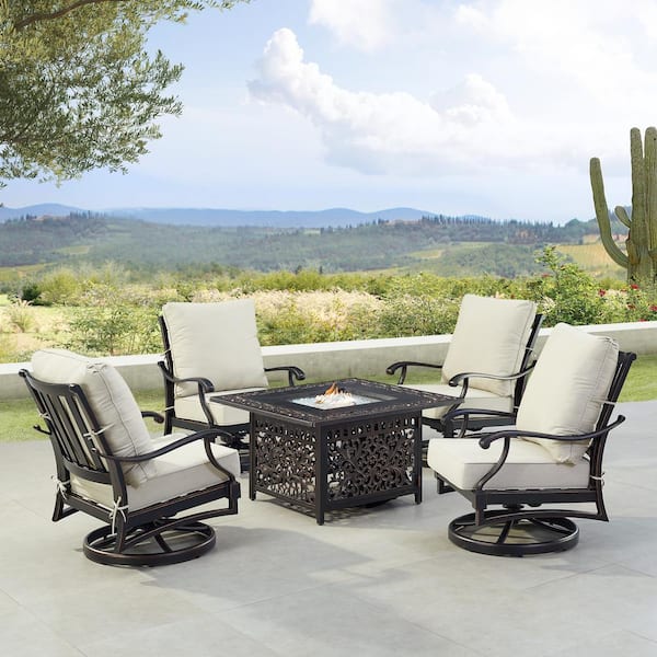 Oakland Living Black 5-Piece Aluminum Patio Fire Pit Set with Light Grey Cushions