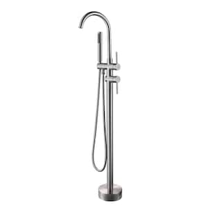 1-Handle Free Standing Floor Mount Tub Faucet Bathtub Filler with Hand Shower in Brushed Nickel