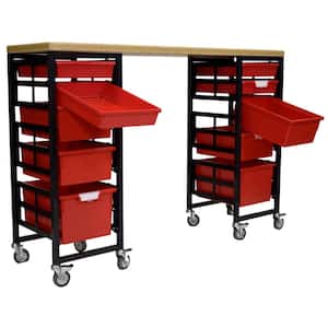 Mobile Workbench Storage Station With Wood Top -6 StorSystem Trays-Red