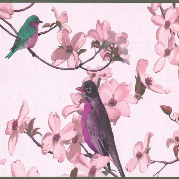 Dundee Deco Falkirk Dandy II Pink Green Birds Flowers Floral Peel and Stick Wallpaper Border