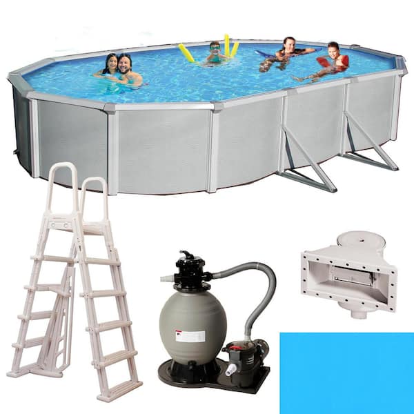 Blue Wave Samoan 18 ft. x 33 ft. Oval x 52 in. Deep Metal Wall Above Ground Pool Package with 8 in. Top Rail