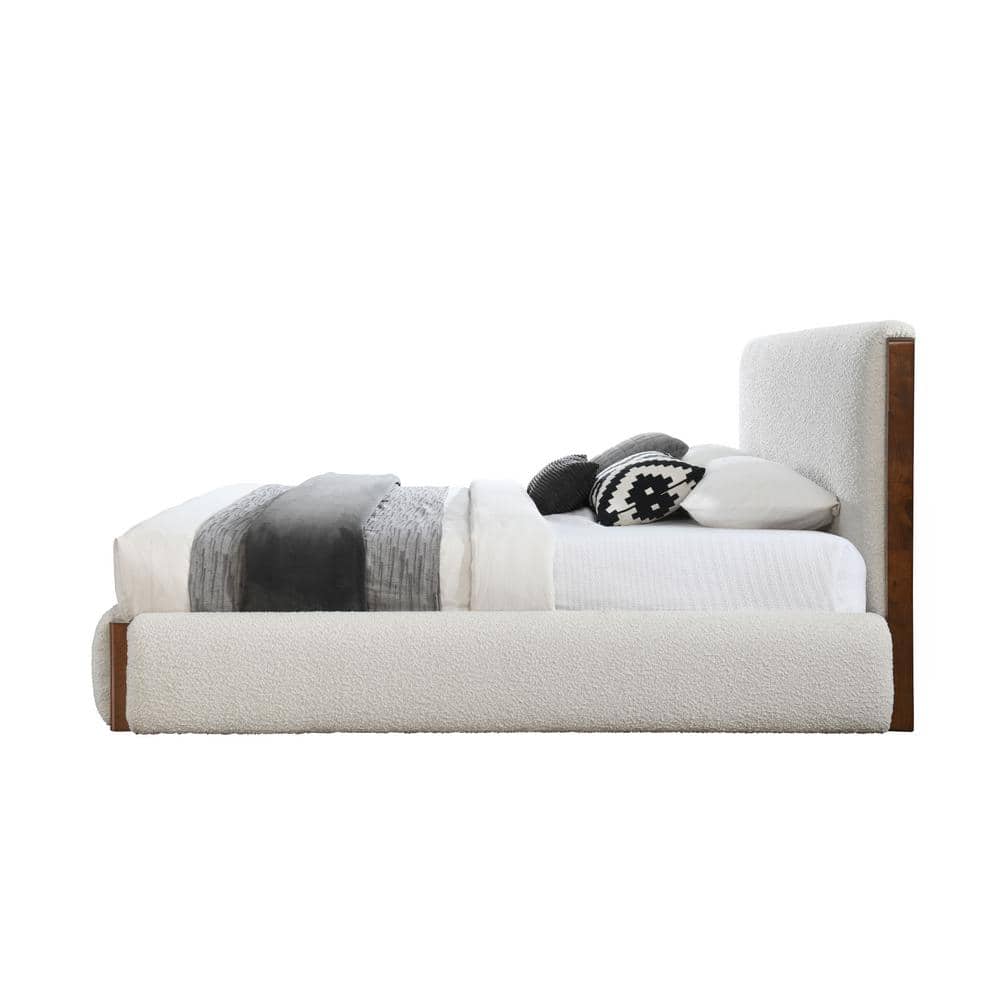 Sandro Queen Bed with White Boucle Upholstery and Walnut Frame