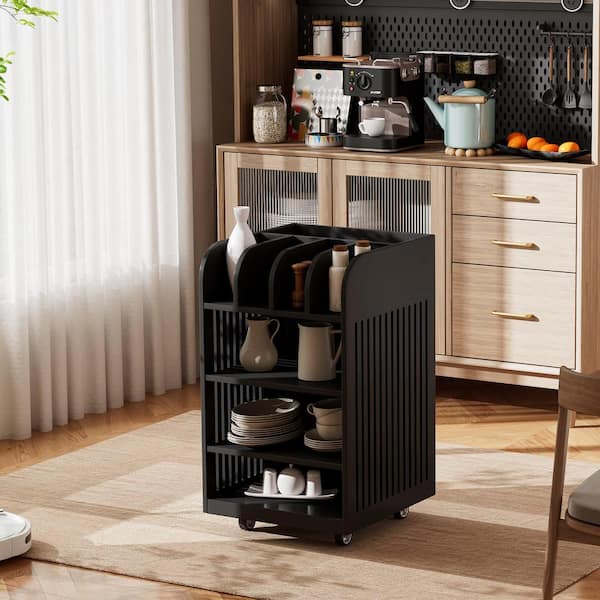 Tenleaf Black Wood 17.72 in. Kitchen Island Kitchen Cart Small Snack Cabinet with Locking Casters and 6-Shelf