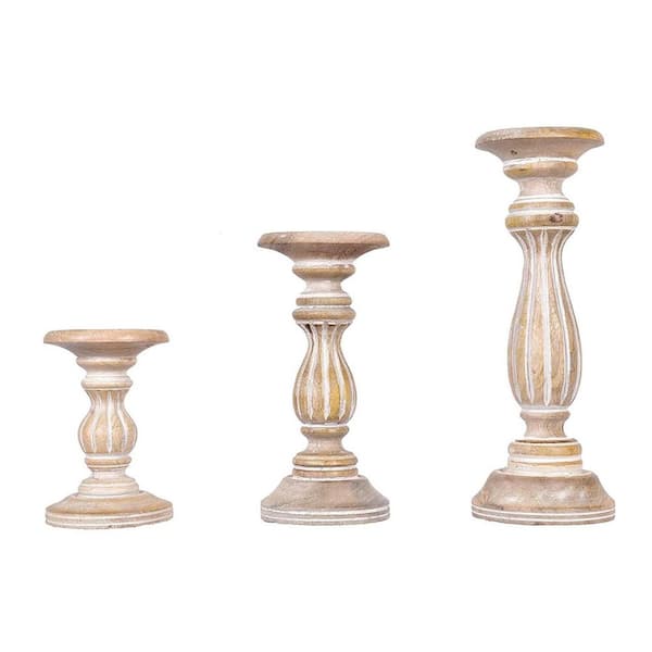 Unbranded Beige Rustic Wood Pillar Candlestick Holders 3-Pack