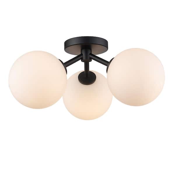 Bel Air Lighting Haskell 16 in. 3-Light Black Flush Mount Ceiling Light Fixture with White Opal Glass Shades