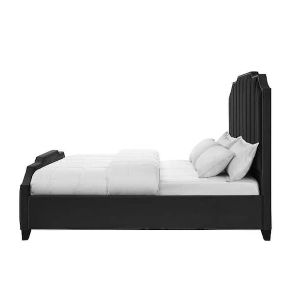 HomeRoots Black Wood Frame Queen Panel Bed with Nail Head Trim; Upholstered