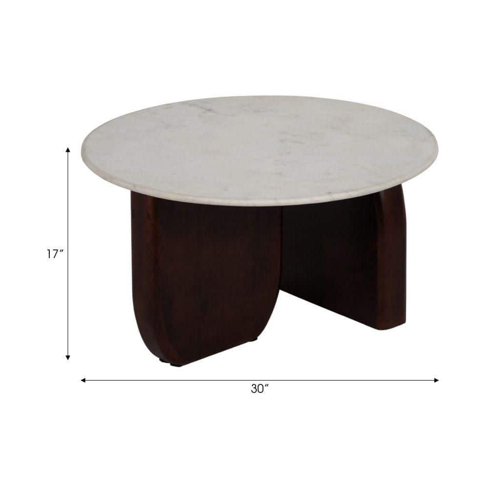 Round Walnut and White Marble Coffee Table, 30"