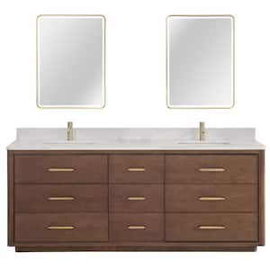 Porto 84 in. W x 22 in. D x 33.8 in. H Double Sink Bath Vanity in Dark Brown Oak with White Qt. Stone Top and Mirror