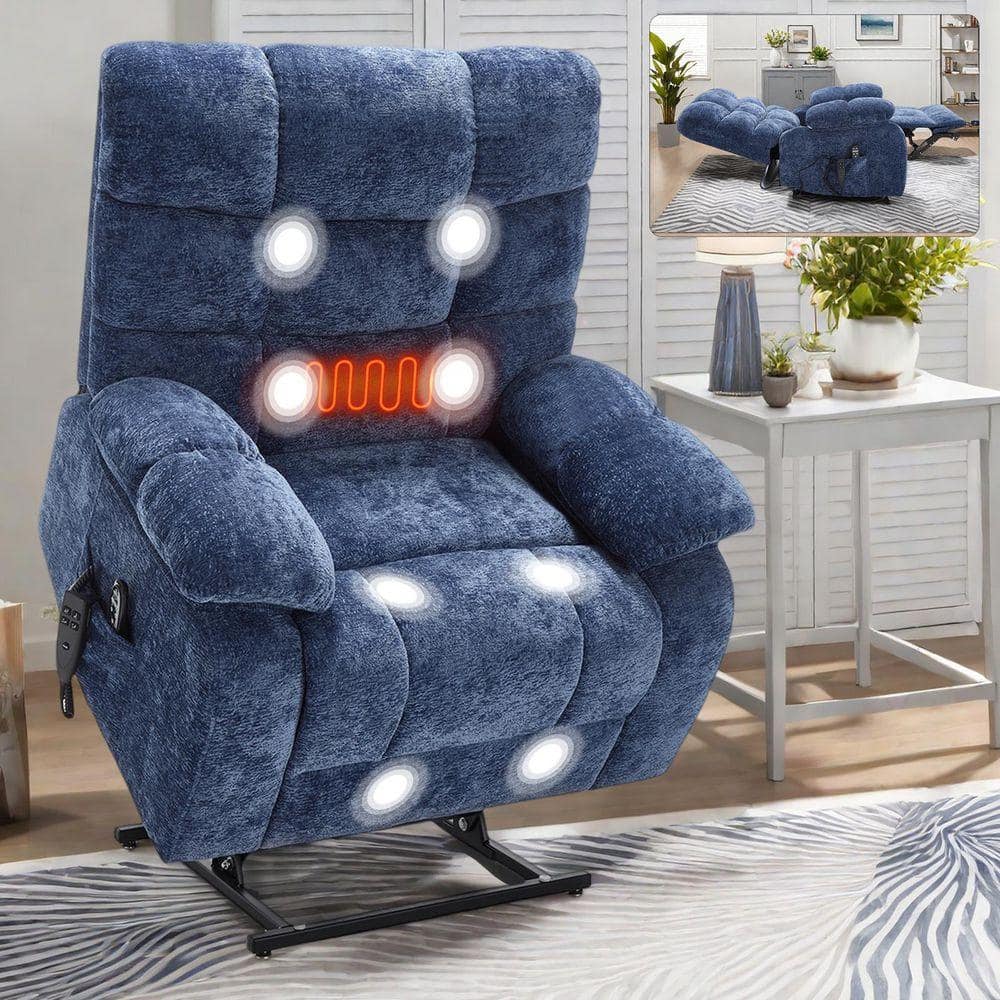 LUCKY ONE Blue Chenille Dual Motor Power Lift Recliner with Heat