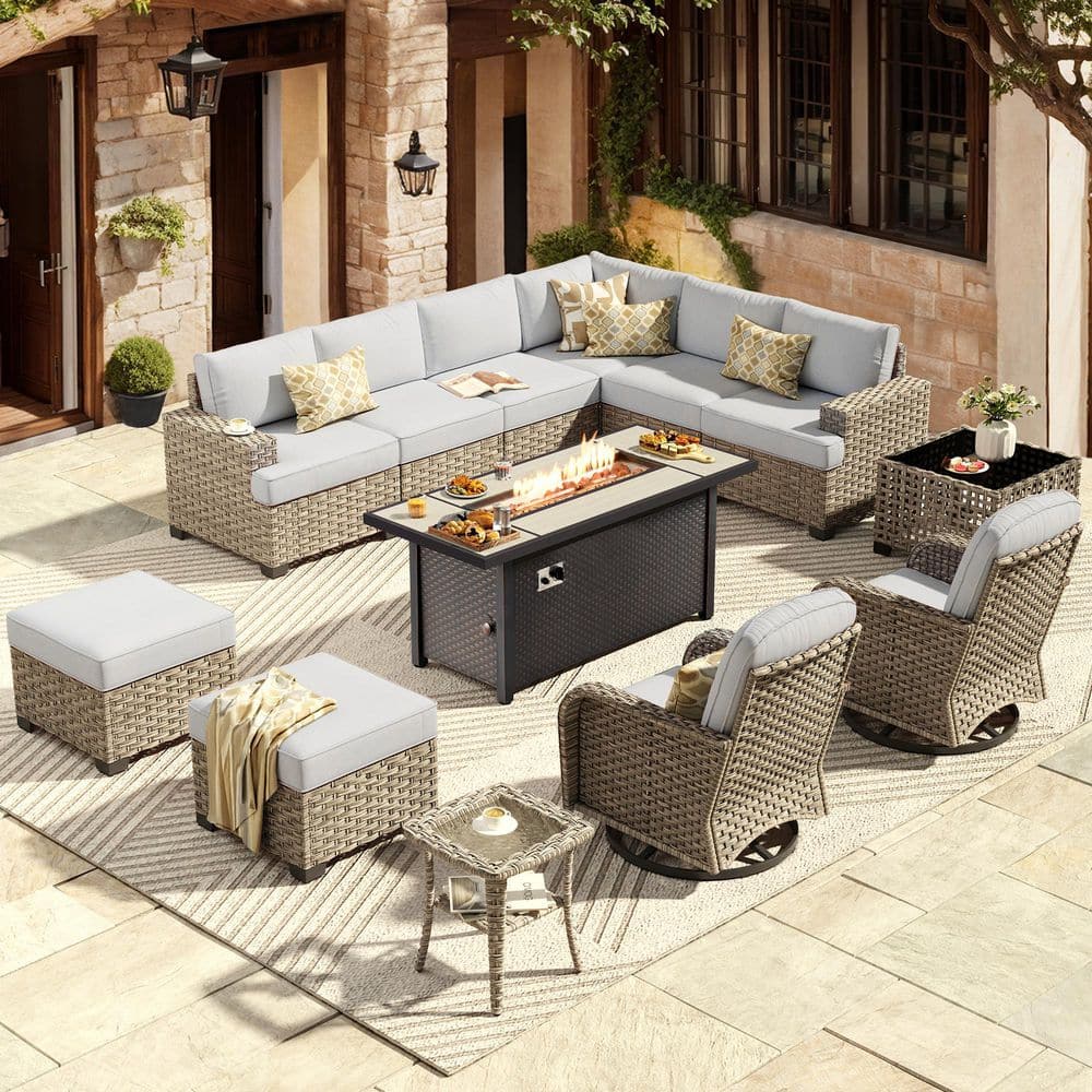 Eternity 13 Pieces Wicker Outdoor Patio Rectangular Fire Pit Set and Swivel Rocking Chairs with Gray Cushions price history on PriceWatchPro