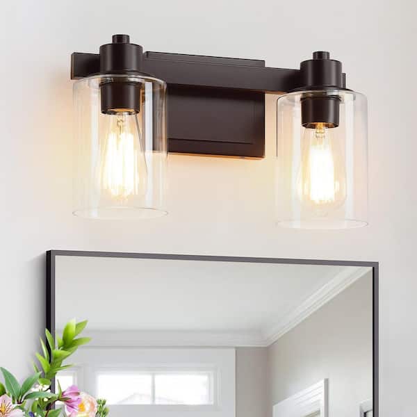 pasentel 14 in. 2 Light Oil Rubbed Bronze Vanity Light with Clear Glass Shades