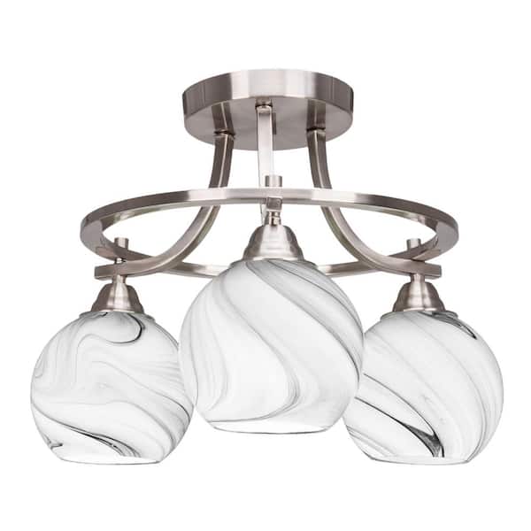 Unbranded Madison 15.25 in. 3-Light Brushed Nickel Semi-Flush Mount with Onyx Swirl Glass Shade