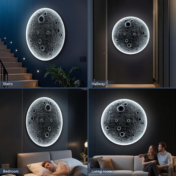 GOGEXX 32 in. x 32 in. Gray Realistic Resin Moon Dimmable LED Wall