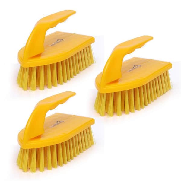Yellow Scrub Brushes for Household Cleaning with Ergonomic Iron Shaped Handle for Bathroom, Kitchen & Floor (3-Pack)