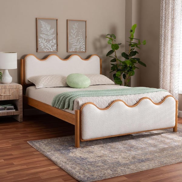 Lilia Cream Boucle and Oak Brown Wood Frame Queen Platform Bed