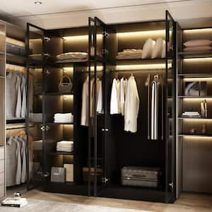 Black Wood 59.1 in. W Tempered Glass Doors Wardrobe Armoires Aluminum Frame with LED Lights, Hanging Rods and Shelves