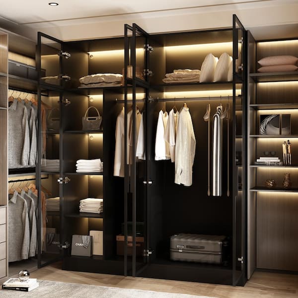 Black Wood 59.1 in. W Tempered Glass Doors Wardrobe Armoires Aluminum Frame with LED Lights, Hanging Rods and Shelves