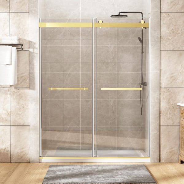 60 in. W x 75 in. H Double Sliding Frameless Shower Door in Brushed Gold with Tempered Glass, Double Buffer Soft-closing