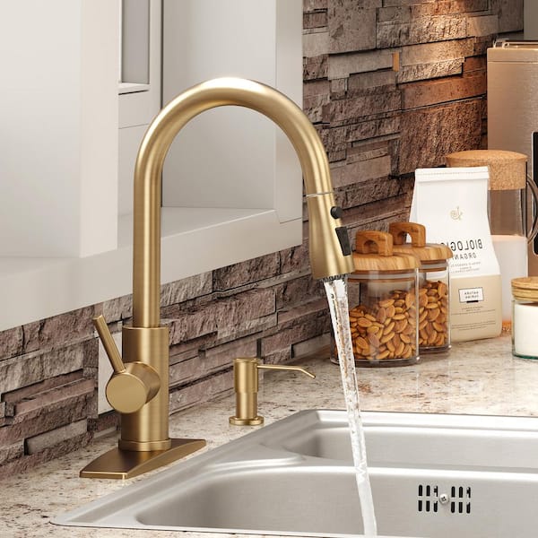 Single-Handle Pull Down Sprayer Kitchen Faucet with Soap Dispenser Stainless Steel in Brushed Gold