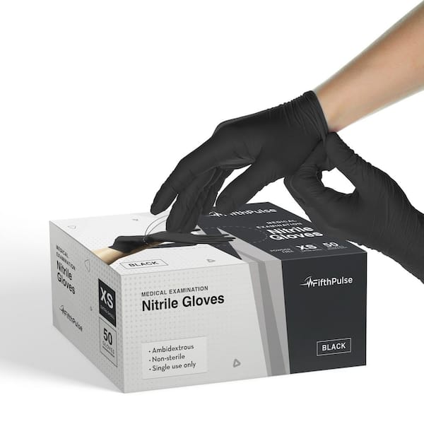 FifthPulse Extra Small Nitrile Exam Latex Free and Powder Free Gloves in Black - Box of 50