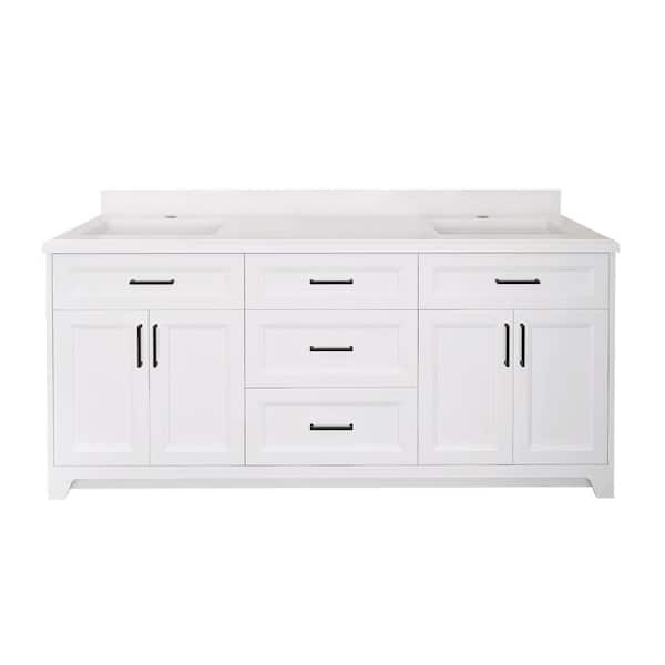 Zeus & Ruta 72 in. W x 21.5 in. D x 33.5 in. H Double Sink Bath Vanity in White with White Marble Top and 3-Dovetail Drawers