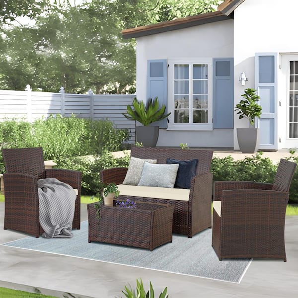 JUSKYS 4-Piece Wicker Outdoor Patio Conversation Furniture Sofa set with Milk-White Cushions and Coffee Table