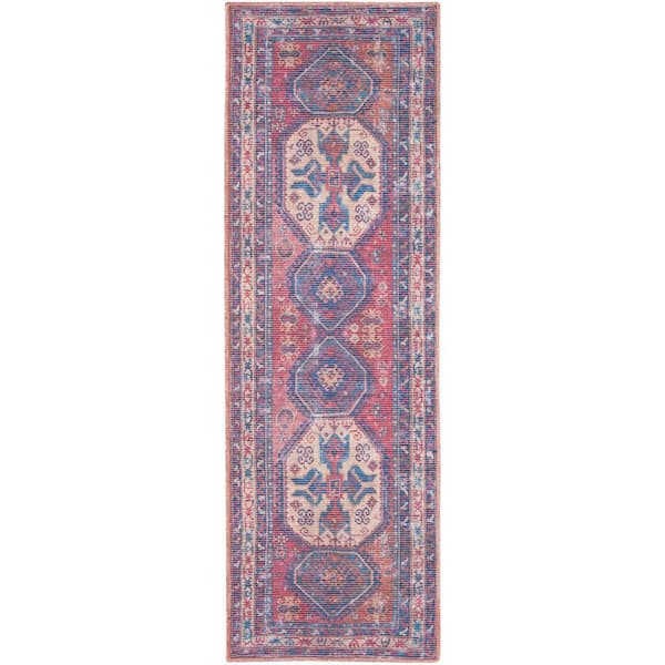 57 Grand Machine Washable Red/Navy 2 ft. x 6 ft. Bordered Transitional Kitchen Runner Area Rug