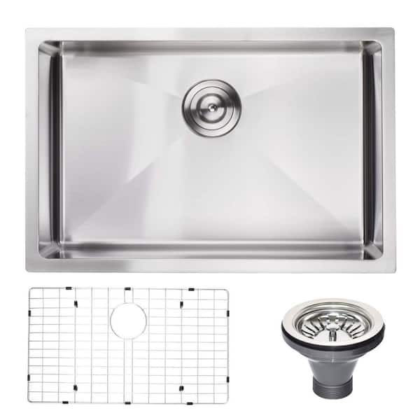 Unbranded Silver Stainless Steel 27 in. x 18 in. Single Bowl Undermount Kitchen Sink with Bottom Grid
