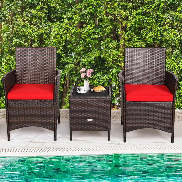 Gymax 3 Pieces Outdoor Rattan Conversation Set Patio Furniture Set with Red Cushions GYM06657