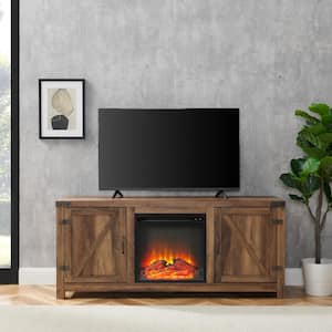 Barnwood Collection 58 in. Rustic Oak TV Stand fits TV up to 65 in. with Barn Doors and Electric Fireplace