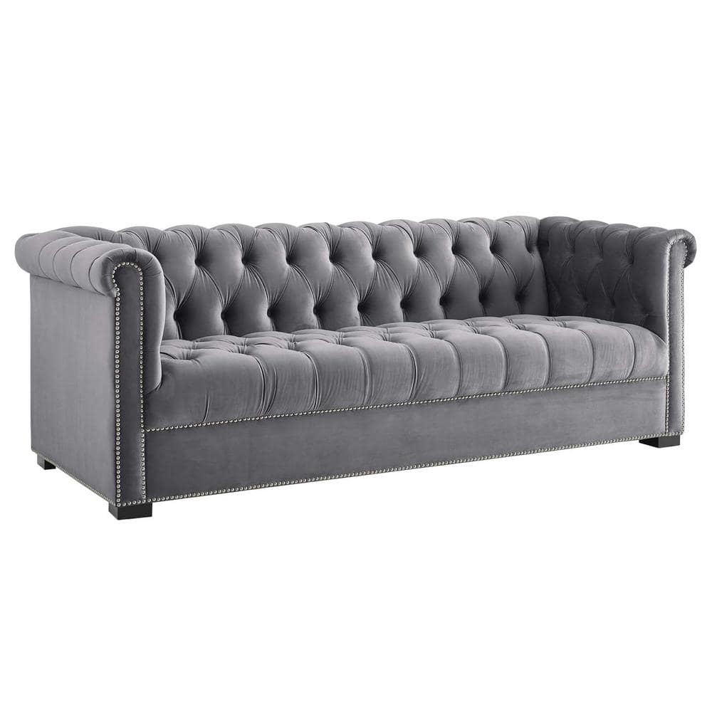 Elegant Black Velvet Chesterfield Sofa with Nailhead Trim and Rolled Arms