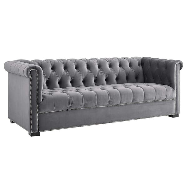MODWAY Heritage 86 in. Gray Velvet 4-Seater Tuxedo Sofa with Round Arms